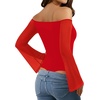 image:imageMANGOPOP Womens Off The Shoulder Double Lined Bodysuit Mesh Bell Sleeve Body Suits Sexy Going Out Fall Backless Tops 202503 Red