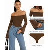 image:imageMANGOPOP Womens Off The Shoulder Double Lined Bodysuit Mesh Bell Sleeve Body Suits Sexy Going Out Fall Backless Tops 202504 Brown
