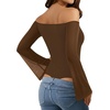 image:imageMANGOPOP Womens Off The Shoulder Double Lined Bodysuit Mesh Bell Sleeve Body Suits Sexy Going Out Fall Backless Tops 202504 Brown