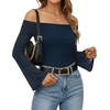 image:imageMANGOPOP Womens Off The Shoulder Double Lined Bodysuit Mesh Bell Sleeve Body Suits Sexy Going Out Fall Backless Tops 202505 Dark Blue