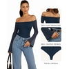 image:imageMANGOPOP Womens Off The Shoulder Double Lined Bodysuit Mesh Bell Sleeve Body Suits Sexy Going Out Fall Backless Tops 202505 Dark Blue