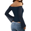 image:imageMANGOPOP Womens Off The Shoulder Double Lined Bodysuit Mesh Bell Sleeve Body Suits Sexy Going Out Fall Backless Tops 202505 Dark Blue