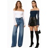 image:imageMANGOPOP Womens Off The Shoulder Double Lined Bodysuit Mesh Bell Sleeve Body Suits Sexy Going Out Fall Backless Tops 202505 Dark Blue