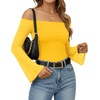 image:imageMANGOPOP Womens Off The Shoulder Double Lined Bodysuit Mesh Bell Sleeve Body Suits Sexy Going Out Fall Backless Tops 202506 Yellow