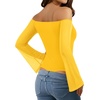 image:imageMANGOPOP Womens Off The Shoulder Double Lined Bodysuit Mesh Bell Sleeve Body Suits Sexy Going Out Fall Backless Tops 202506 Yellow