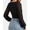 image:imageMANGOPOP Womens Sheer Mesh Puff Long Sleeve Bodysuit Double Lined Crew Neck Thong Body Suits Trendy Fall Tops 202501 Black