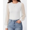 image:imageMANGOPOP Womens Sheer Mesh Puff Long Sleeve Bodysuit Double Lined Crew Neck Thong Body Suits Trendy Fall Tops 202502 White