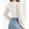 image:imageMANGOPOP Womens Sheer Mesh Puff Long Sleeve Bodysuit Double Lined Crew Neck Thong Body Suits Trendy Fall Tops 202502 White