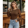 image:imageMANGOPOP Womens Sheer Mesh Puff Long Sleeve Bodysuit Double Lined Crew Neck Thong Body Suits Trendy Fall Tops 2025Coffee