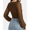 image:imageMANGOPOP Womens Sheer Mesh Puff Long Sleeve Bodysuit Double Lined Crew Neck Thong Body Suits Trendy Fall Tops 2025Coffee