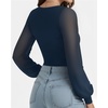 image:imageMANGOPOP Womens Sheer Mesh Puff Long Sleeve Bodysuit Double Lined Crew Neck Thong Body Suits Trendy Fall Tops 2025Deep Blue