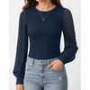 image:imageMANGOPOP Womens Sheer Mesh Puff Long Sleeve Bodysuit Double Lined Crew Neck Thong Body Suits Trendy Fall Tops 2025Deep Blue