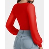 image:imageMANGOPOP Womens Sheer Mesh Puff Long Sleeve Bodysuit Double Lined Crew Neck Thong Body Suits Trendy Fall Tops 2025Red