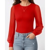 image:imageMANGOPOP Womens Sheer Mesh Puff Long Sleeve Bodysuit Double Lined Crew Neck Thong Body Suits Trendy Fall Tops 2025Red