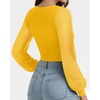 image:imageMANGOPOP Womens Sheer Mesh Puff Long Sleeve Bodysuit Double Lined Crew Neck Thong Body Suits Trendy Fall Tops 2025Yellow