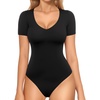 image:imageMANGOPOP Double Lined Short Sleeve Bodysuits for Women V Neck Thong Body Suit Stretchy Lightweight Bodysuit TopsAblack