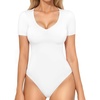 image:imageMANGOPOP Double Lined Short Sleeve Bodysuits for Women V Neck Thong Body Suit Stretchy Lightweight Bodysuit TopsAwhite