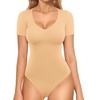 image:imageMANGOPOP Double Lined Short Sleeve Bodysuits for Women V Neck Thong Body Suit Stretchy Lightweight Bodysuit TopsClay