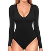 image:imageMANGOPOP Long Sleeve V Neck Bodysuits for Women Double Lined Sexy Going Out Tops Body Suit ShirtsA Black