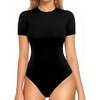 image:imageMANGOPOP Women Crew Neck Short Sleeve Bodysuit Double Lined Thong Body Suits Shirts Basic TopAblack