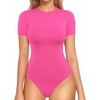 image:imageMANGOPOP Women Crew Neck Short Sleeve Bodysuit Double Lined Thong Body Suits Shirts Basic TopHot Pink