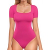image:imageMANGOPOP Women Square Neck Short Sleeve Bodysuit Double Lined Thong Body Suits Shirts Basic TopHot Pink