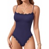 image:imageMANGOPOP Womens Lace Cami Thong Bodysuit Double Lined Square Neck Backless Body Suit Adjustable Spaghetti Strap Tank TopsDeep Blue