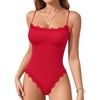 image:imageMANGOPOP Womens Lace Cami Thong Bodysuit Double Lined Square Neck Backless Body Suit Adjustable Spaghetti Strap Tank TopsRed