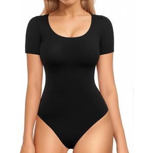 image:imageMANGOPOP Double Lined Long Sleeve Bodysuits for Women Scoop Neck Thong Short Bodysuit Tops SeamlessA1short Sleeve Blackttttttt