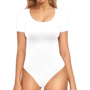 image:imageMANGOPOP Double Lined Long Sleeve Bodysuits for Women Scoop Neck Thong Short Bodysuit Tops SeamlessA2short Sleeve White