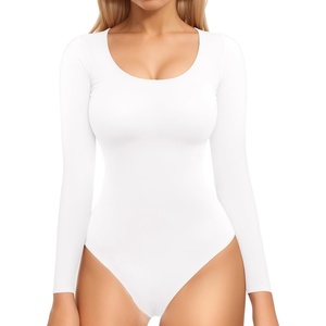 image:imageMANGOPOP Double Lined Long Sleeve Bodysuits for Women Scoop Neck Thong Short Bodysuit Tops SeamlessB2 Long Sleeve White