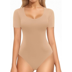 image:imageMANGOPOP Double Lined Long Sleeve Bodysuits for Women Scoop Neck Thong Short Bodysuit Tops SeamlessC10short Sleeve Ochre