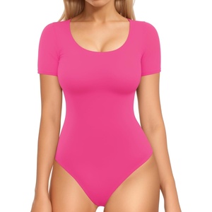 image:imageMANGOPOP Double Lined Long Sleeve Bodysuits for Women Scoop Neck Thong Short Bodysuit Tops SeamlessC5short Sleeve Hot Pink