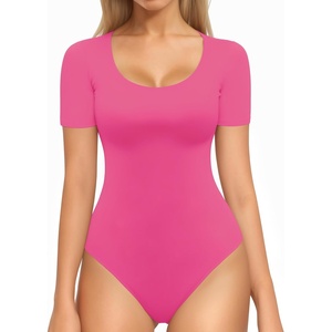 image:imageMANGOPOP Double Lined Long Sleeve Bodysuits for Women Scoop Neck Thong Short Bodysuit Tops SeamlessC5short Sleeve Hot Pinkytttttt