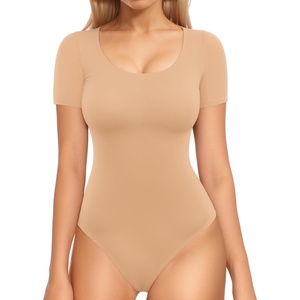 image:imageMANGOPOP Double Lined Long Sleeve Bodysuits for Women Scoop Neck Thong Short Bodysuit Tops SeamlessC7short Sleeve Clay
