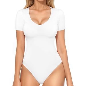image:imageMANGOPOP Double Lined Short Sleeve Bodysuits for Women V Neck Thong Body Suit Stretchy Lightweight Bodysuit TopsAwhite
