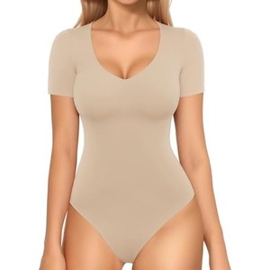 image:imageMANGOPOP Double Lined Short Sleeve Bodysuits for Women V Neck Thong Body Suit Stretchy Lightweight Bodysuit TopsMica