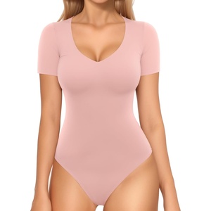 image:imageMANGOPOP Double Lined Short Sleeve Bodysuits for Women V Neck Thong Body Suit Stretchy Lightweight Bodysuit TopsPink