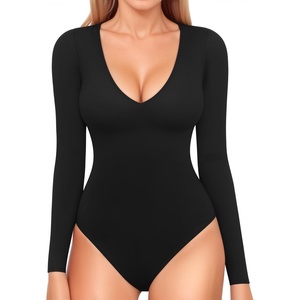 image:imageMANGOPOP Long Sleeve V Neck Bodysuits for Women Double Lined Sexy Going Out Tops Body Suit ShirtsA Black