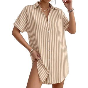 image:imageMANGOPOP Swimsuit Coverup for Women Striped Bathing Suit Cover Up Button Down Shirt Beach Cover Ups Dress 2026 Summer OutfitsAkhaki