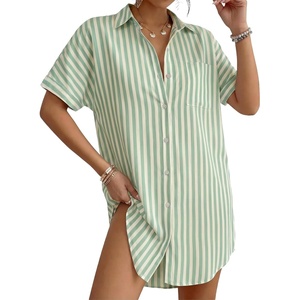 image:imageMANGOPOP Swimsuit Coverup for Women Striped Bathing Suit Cover Up Button Down Shirt Beach Cover Ups Dress 2026 Summer OutfitsGreen