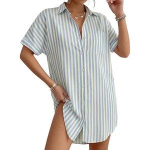 image:imageMANGOPOP Swimsuit Coverup for Women Striped Bathing Suit Cover Up Button Down Shirt Beach Cover Ups Dress 2026 Summer OutfitsLight Blue