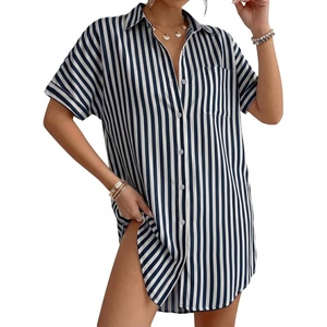 image:imageMANGOPOP Swimsuit Coverup for Women Striped Bathing Suit Cover Up Button Down Shirt Beach Cover Ups Dress 2026 Summer OutfitsNavy Blue