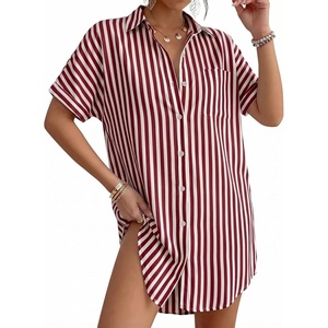 image:imageMANGOPOP Swimsuit Coverup for Women Striped Bathing Suit Cover Up Button Down Shirt Beach Cover Ups Dress 2026 Summer OutfitsRed