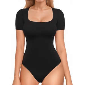 image:imageMANGOPOP Women Square Neck Short Sleeve Bodysuit Double Lined Thong Body Suits Shirts Basic TopBlack