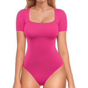 image:imageMANGOPOP Women Square Neck Short Sleeve Bodysuit Double Lined Thong Body Suits Shirts Basic TopHot Pink