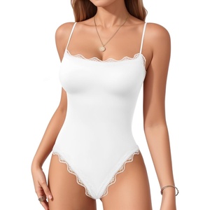 image:imageMANGOPOP Womens Lace Cami Thong Bodysuit Double Lined Square Neck Backless Body Suit Adjustable Spaghetti Strap Tank Tops01 White