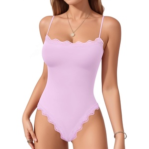 image:imageMANGOPOP Womens Lace Cami Thong Bodysuit Double Lined Square Neck Backless Body Suit Adjustable Spaghetti Strap Tank TopsRose Quartz