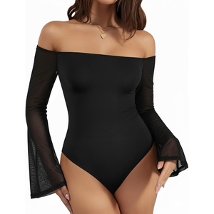 image:imageMANGOPOP Womens Off The Shoulder Double Lined Bodysuit Mesh Bell Sleeve Body Suits Sexy Going Out Fall Backless Tops 202501 Black