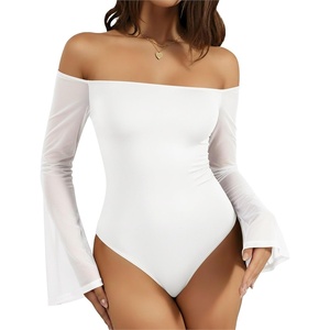 image:imageMANGOPOP Womens Off The Shoulder Double Lined Bodysuit Mesh Bell Sleeve Body Suits Sexy Going Out Fall Backless Tops 202502 White
